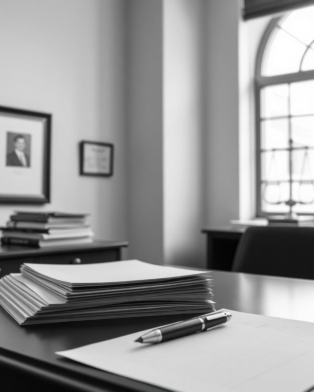 Monochrome detail of documents on a law office desk
